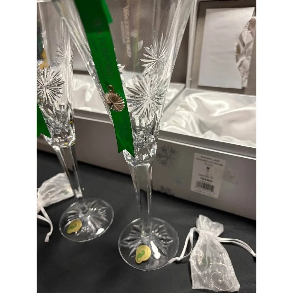 Waterford Snowflake Wishes Courage Crystal Champagne Flutes Pair Unused w/ Box